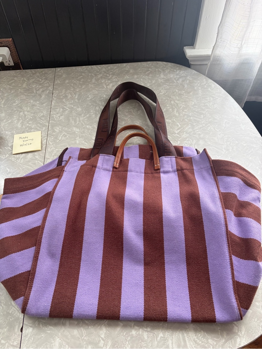 Clare V. Hazelnut/jacaranda canvas Striped Le Côte Tote